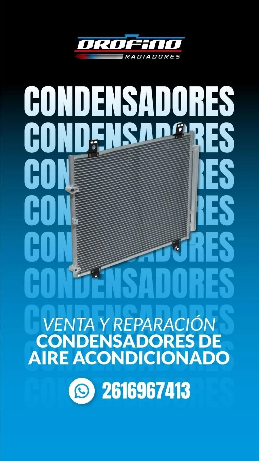 Anuncio azul de condensadores de aire acondicionado con una unidad condensadora y texto de reparación/venta