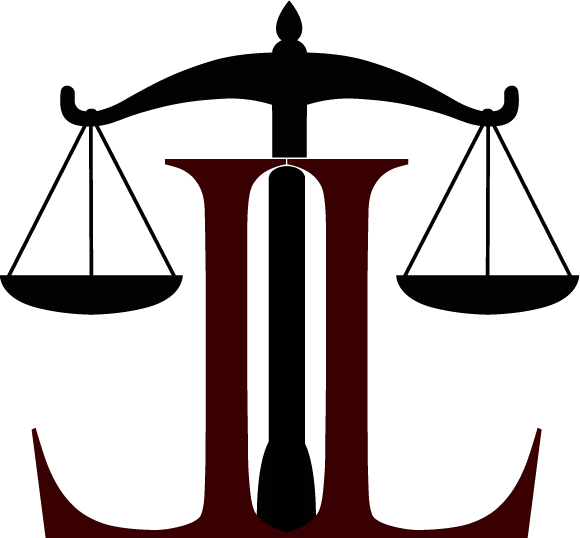 Black-and-red legal logo with scales of justice and a central pillar/icon