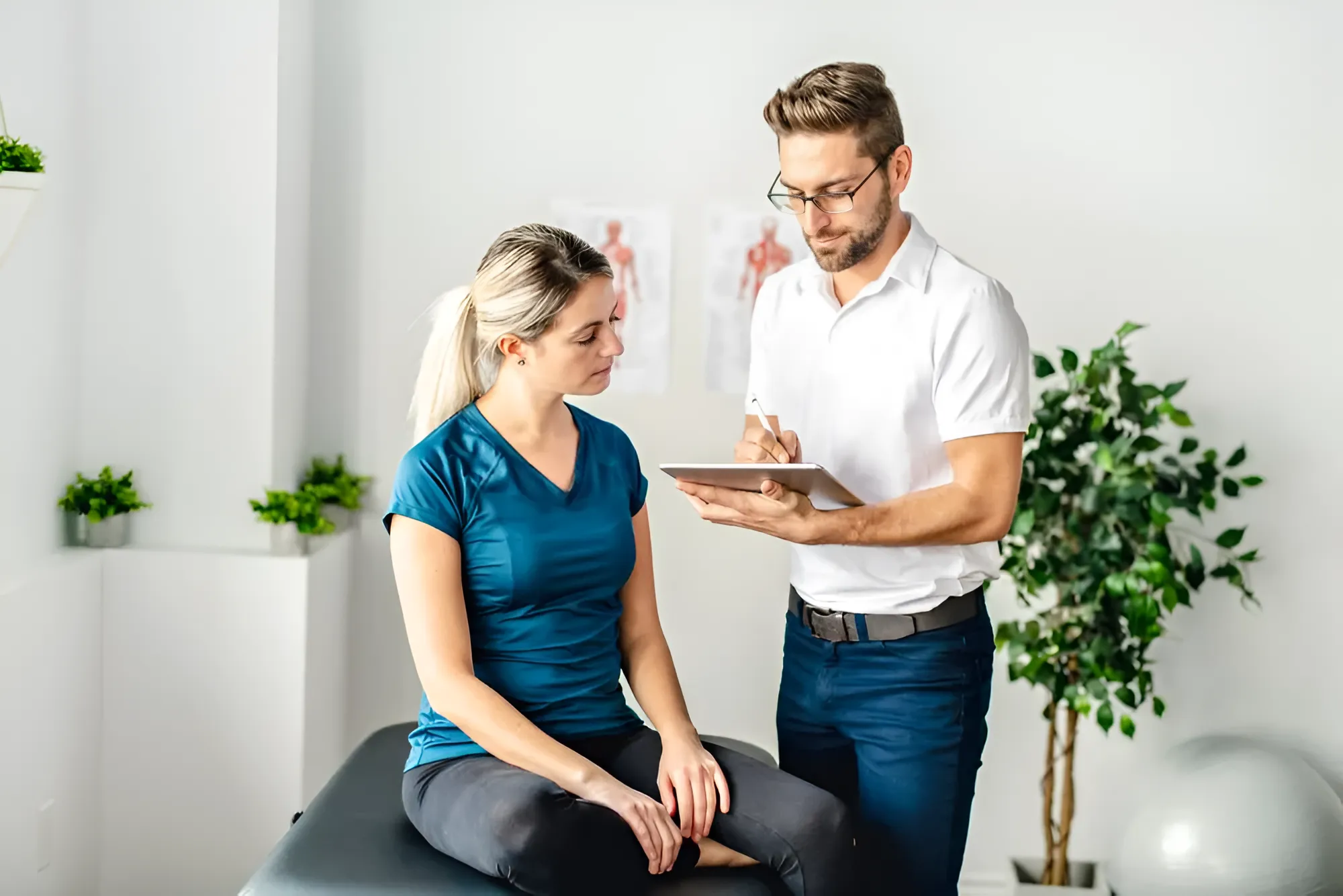 Woman in Blue Top on Exam Table, Talking to Healthcare — Barolin Physiotherapy Services in Bundaberg South, QLD