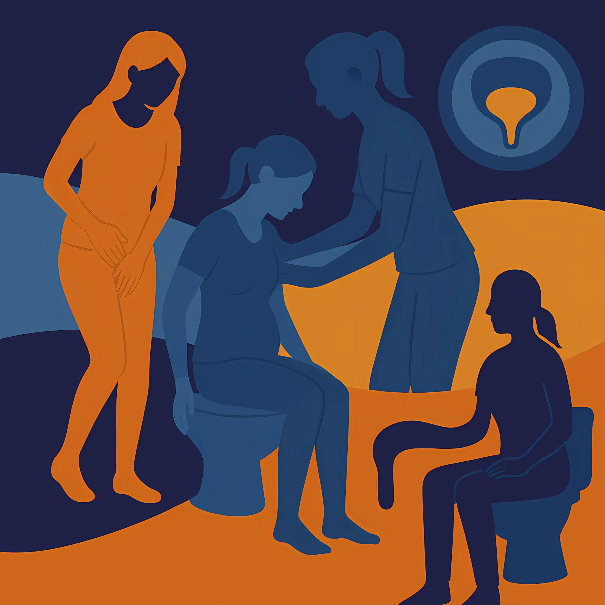 People with bladder control issues. Figures in blue/orange — Barolin Physiotherapy Services in Bundaberg South, QLD