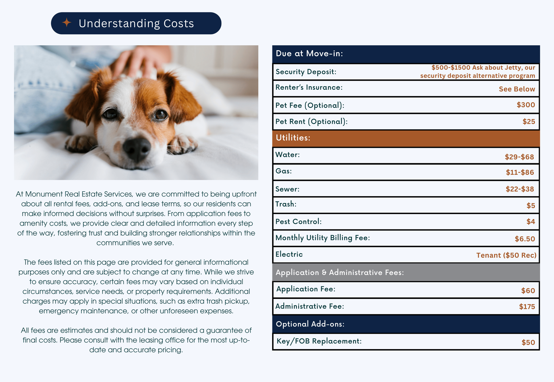Dog lying down with fee information table.
