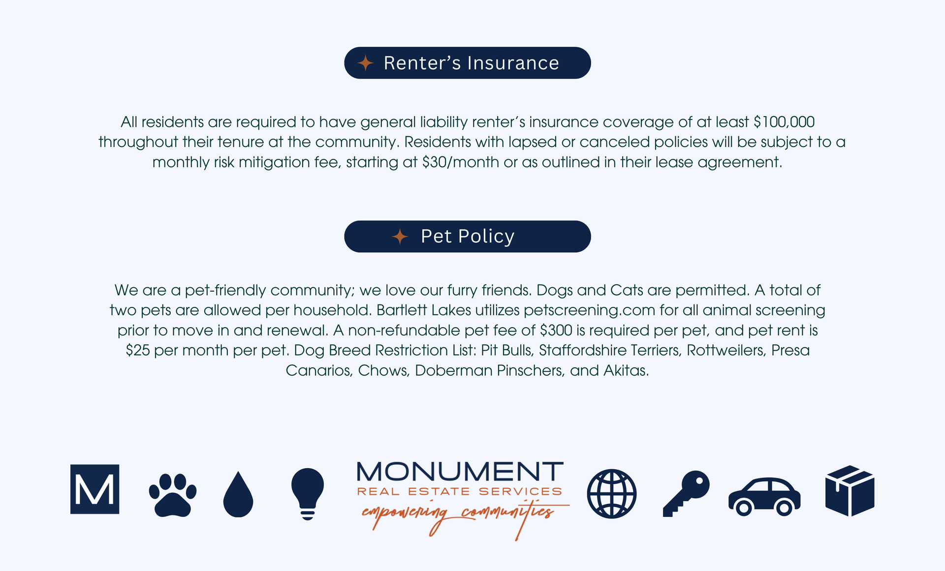 Insurance details, including member insurance with $100,000 coverage and pet policy information.