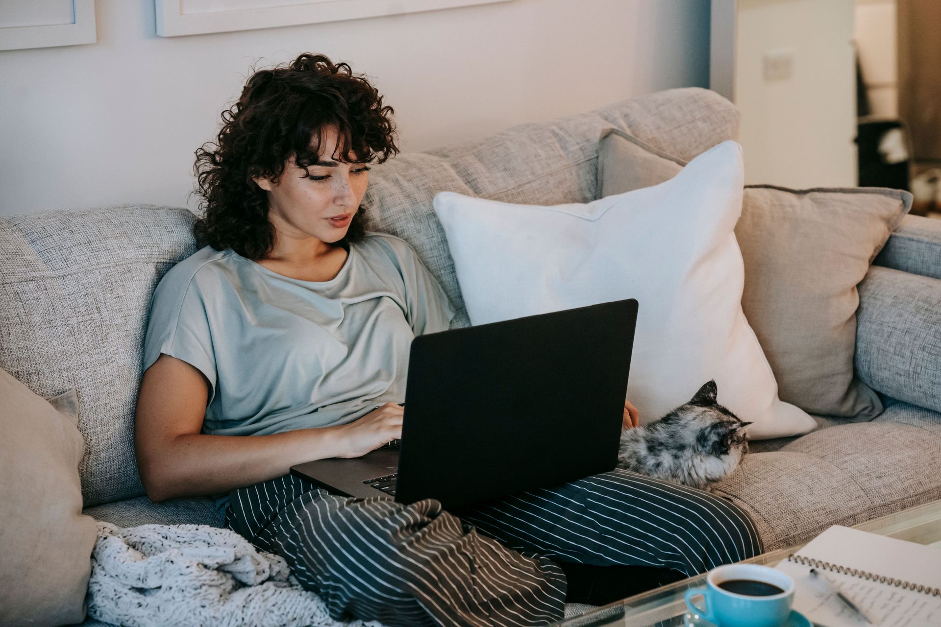 Person on a couch working on a laptop with a cat; hammock and colorful rug in the background.