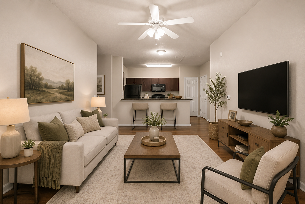 Bright modern living room with beige sofa, coffee table, wall-mounted TV, and open kitchen in back.