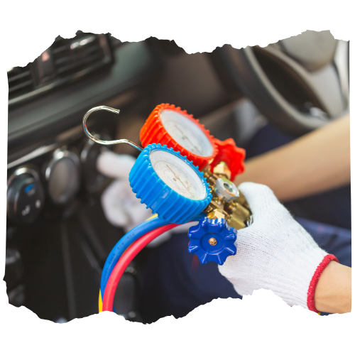 A person wearing a white glove is working on an air conditioning system in a car