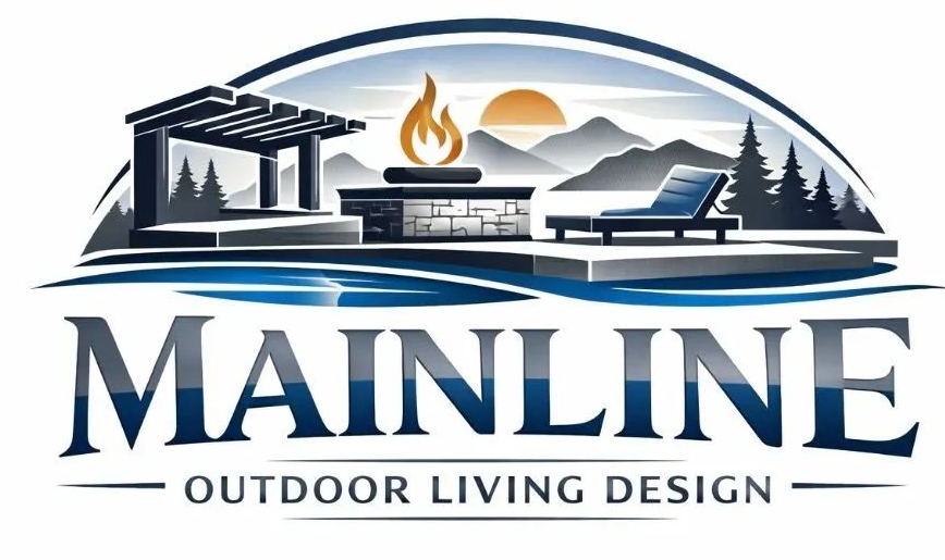 Mainline Outdoor Living Design logo with modern landscape, fire pit, pergola, sun, and mountains