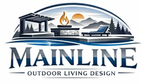 Mainline Outdoor Living Design logo with modern landscape, fire pit, pergola, sun, and mountains