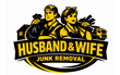 Logo: husband and wife removing junk. Man holding trash bag, woman with debris, truck in background.