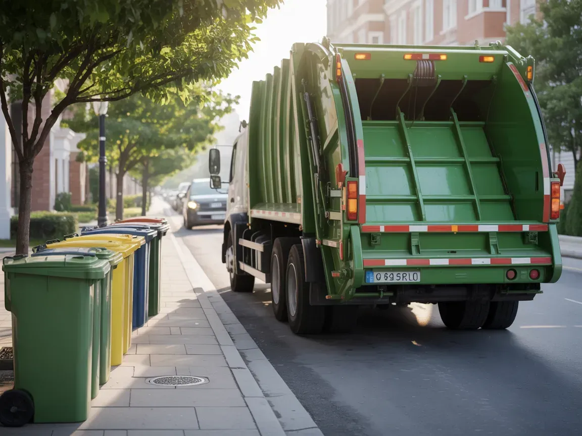 Green garbage truck collecting bins on a street lined with colorful bins.