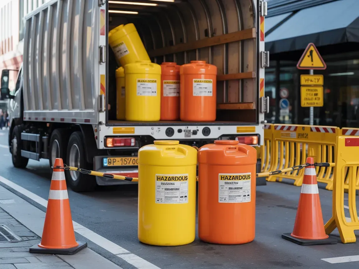 Truck loading/unloading hazardous waste barrels: yellow and orange drums, road cones, and caution barriers.