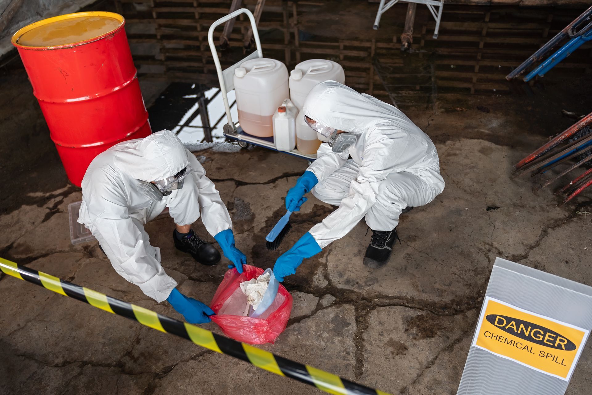 a group of people in protective suits are working on a chemical spill .