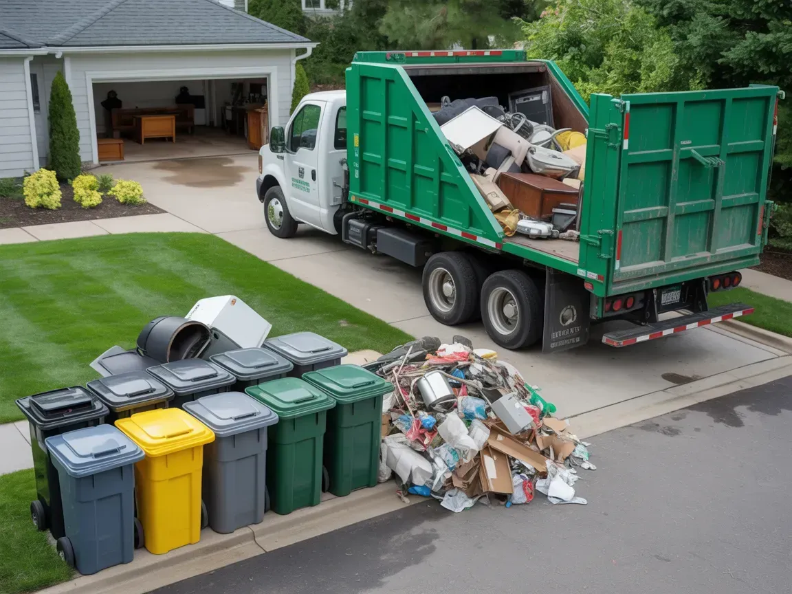 Green garbage truck loading trash from bins on a residential driveway.
