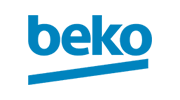 Beko logo in blue lowercase letters with a blue underline swoosh on a white background