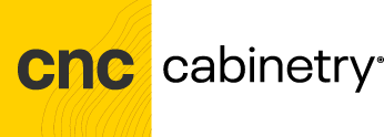 CNC cabinetry logo with black text on yellow and white background
