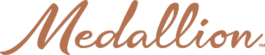 Medallion logo in cursive brown text on a white background
