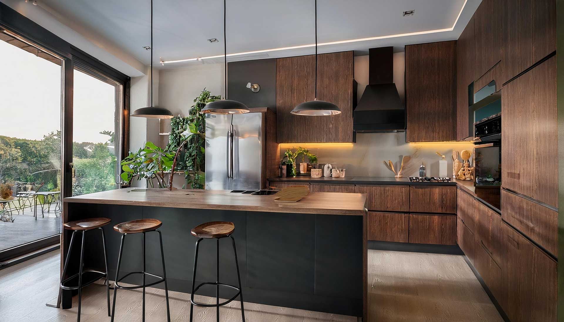 A modern kitchen with wood cabinets, a black kitchen island with three stools, a stainless steel fridge, and plants.