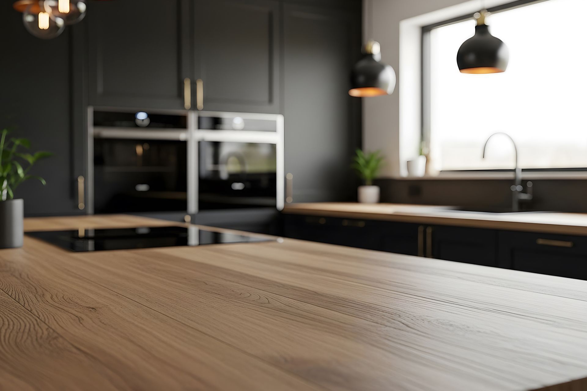 Modern kitchen with wooden island, black cabinets, pendant lights, and large window over the sink