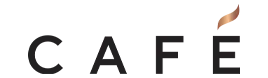 Stylized black text reading “CAFE” with a brown accent above the E on a white background