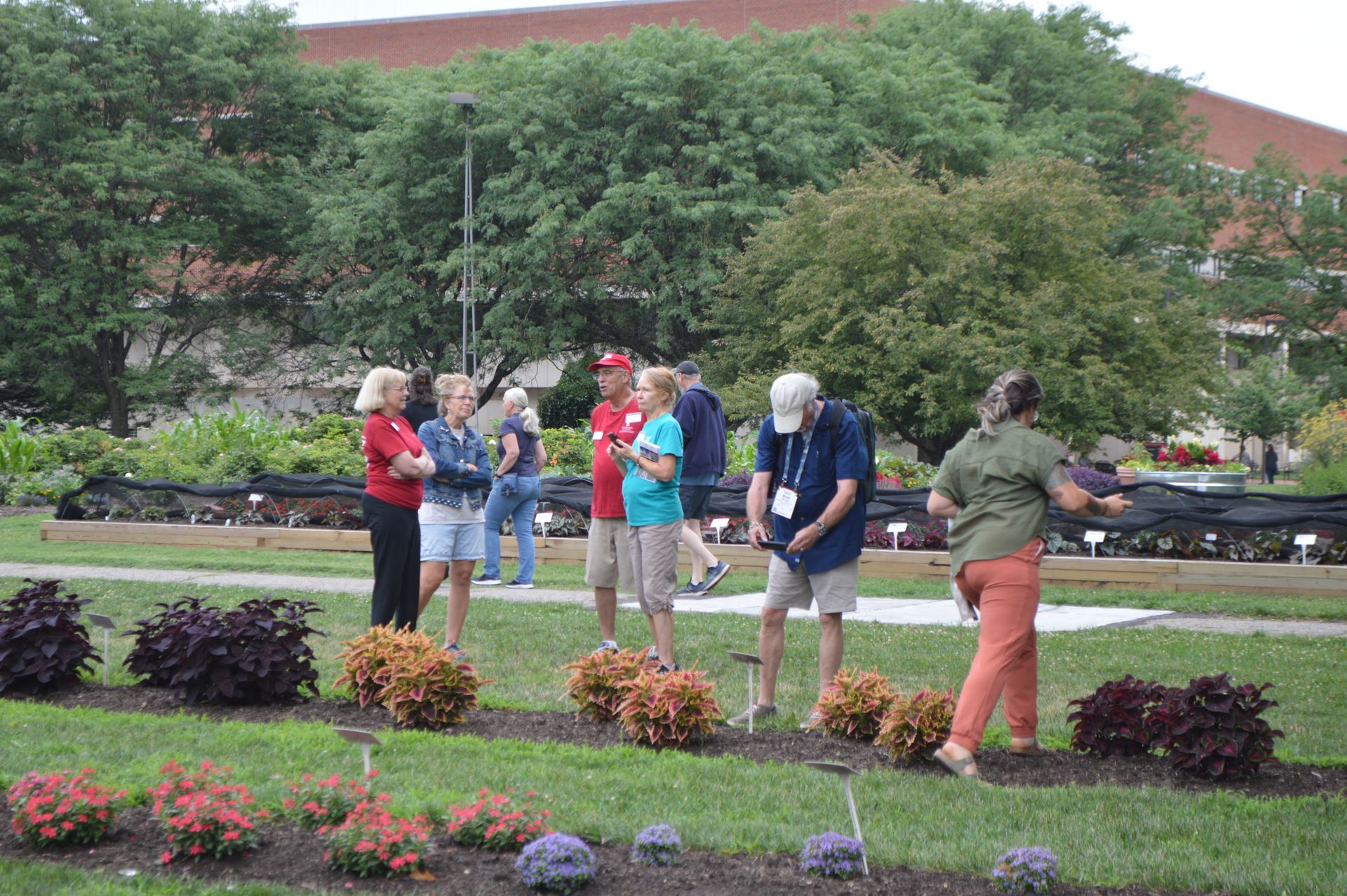 a group of people standing in a garden looking at plants