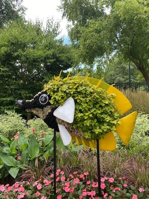 a statue of a fish made out of plants in a garden