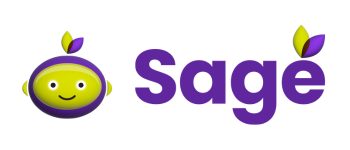 Sage logo with purple text and a smiling green circle mascot with a purple leaf