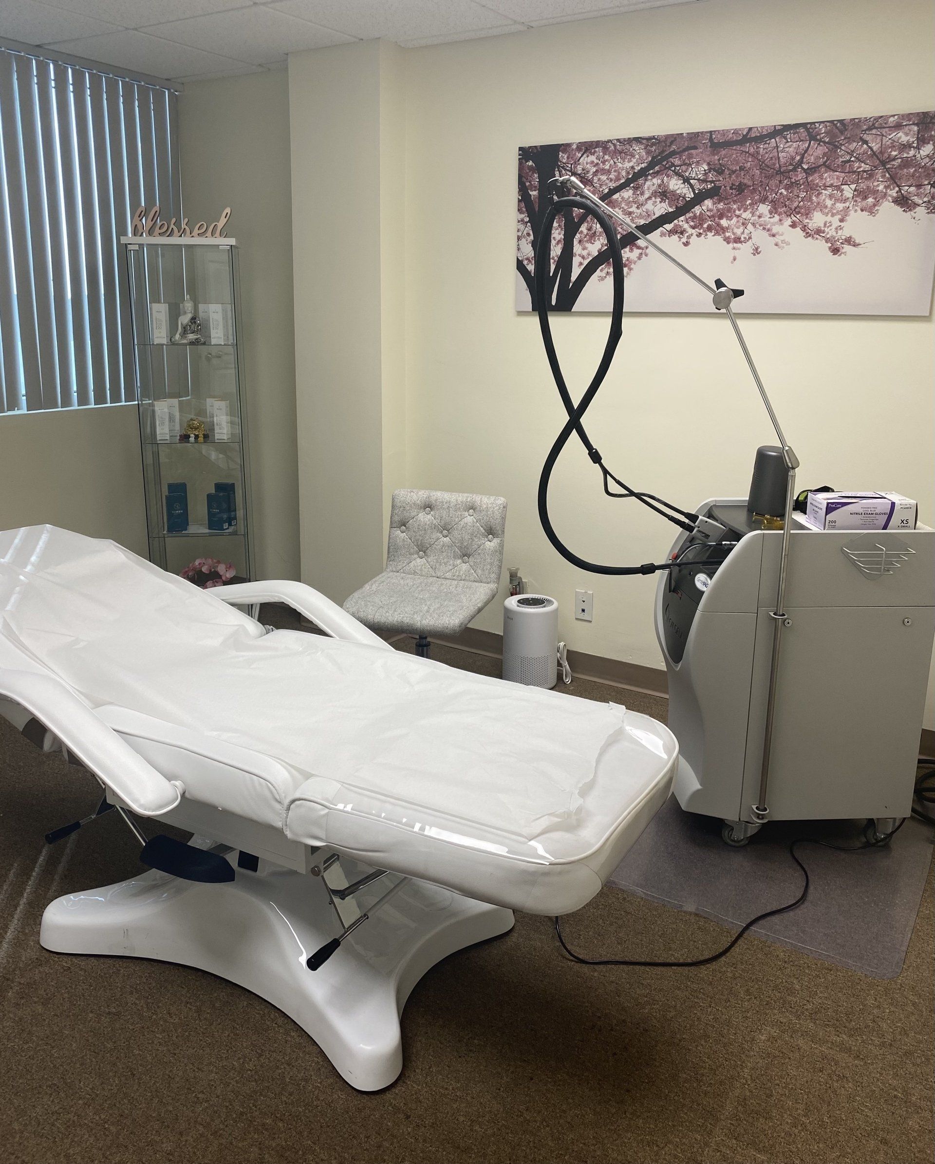 Una sala médica con camilla, sillón y máquina láser. Paredes beige, arte floral y una ventana.