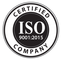 A black and white iso certified company logo on a white background.