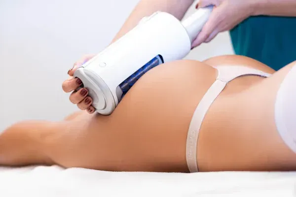 Donna sottoposta a trattamento dei glutei con un dispositivo bianco su una superficie bianca.