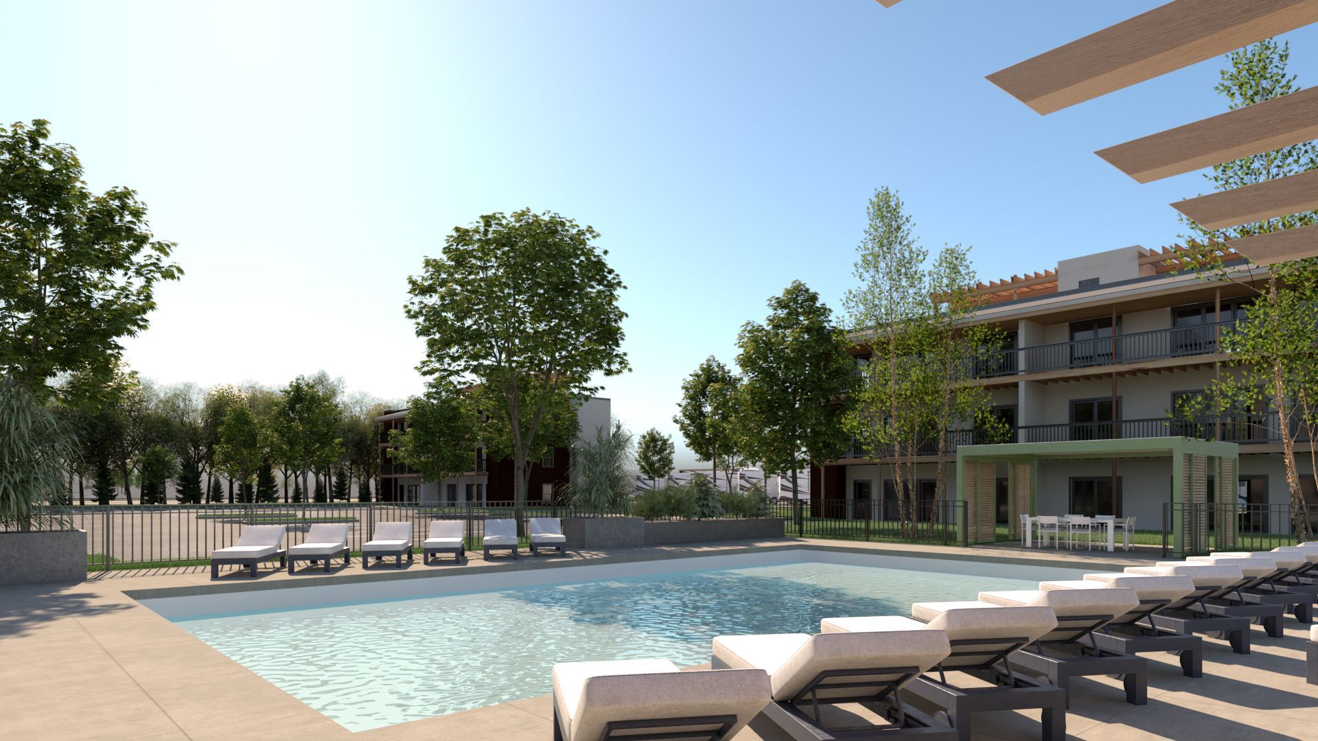 Pool are and Lounge Chairs at the Lake Erie Condos