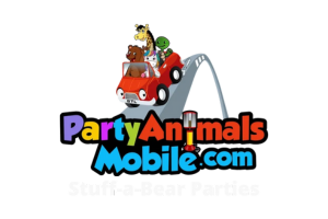 PartyAnimalsMobile.com logo with cartoon animals riding a red car under a gray arch in colorful text