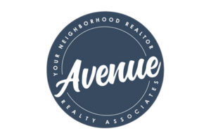 Avenue neighborhood realty association logo in navy blue and white
