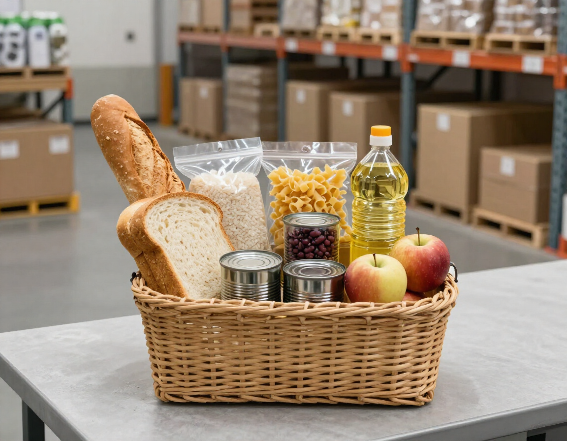 Cesta básica organizada sobre uma mesa em ambiente corporativo