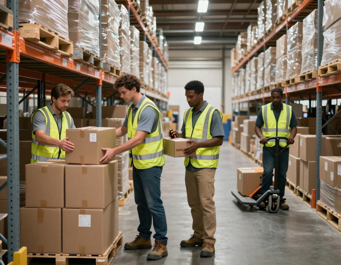 Equipe organizando caixas em centro de distribuição