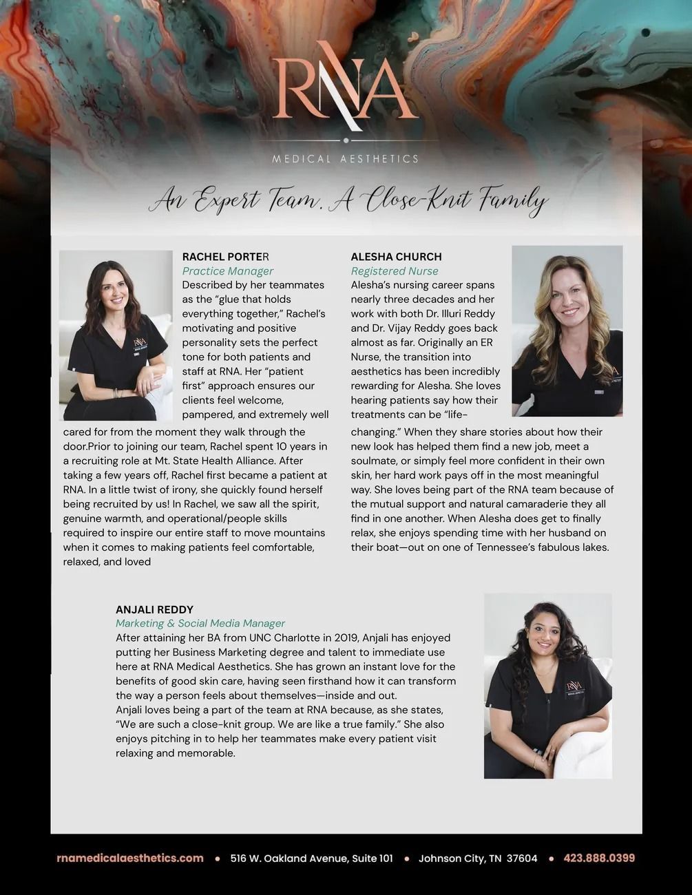Promotional flyer with three staff photos and text blocks on a white background, titled “RMA” at the top