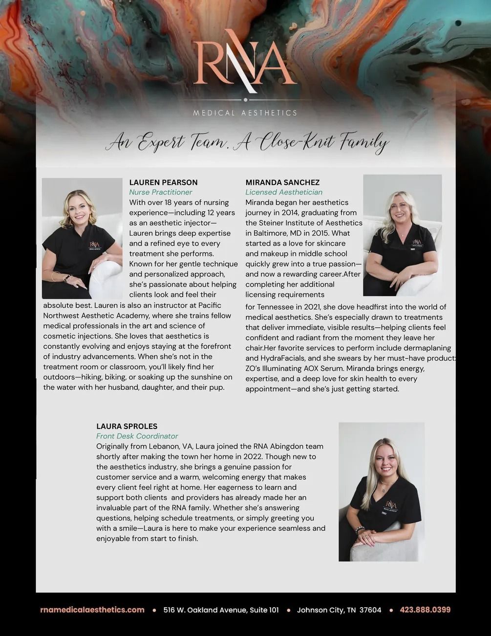 Hair salon flyer with two staff photos, service descriptions, and a black-and-white layout with red accents