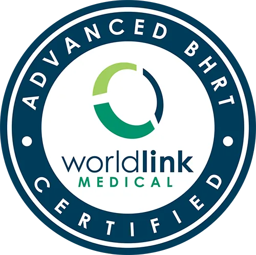 Advanced BHACT Certified logo with Worldlink Medical text in blue and green circular design