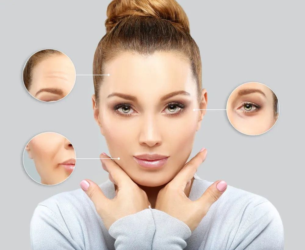 Woman with hands under chin, surrounded by circular close-ups of face and skin in a skincare promotion