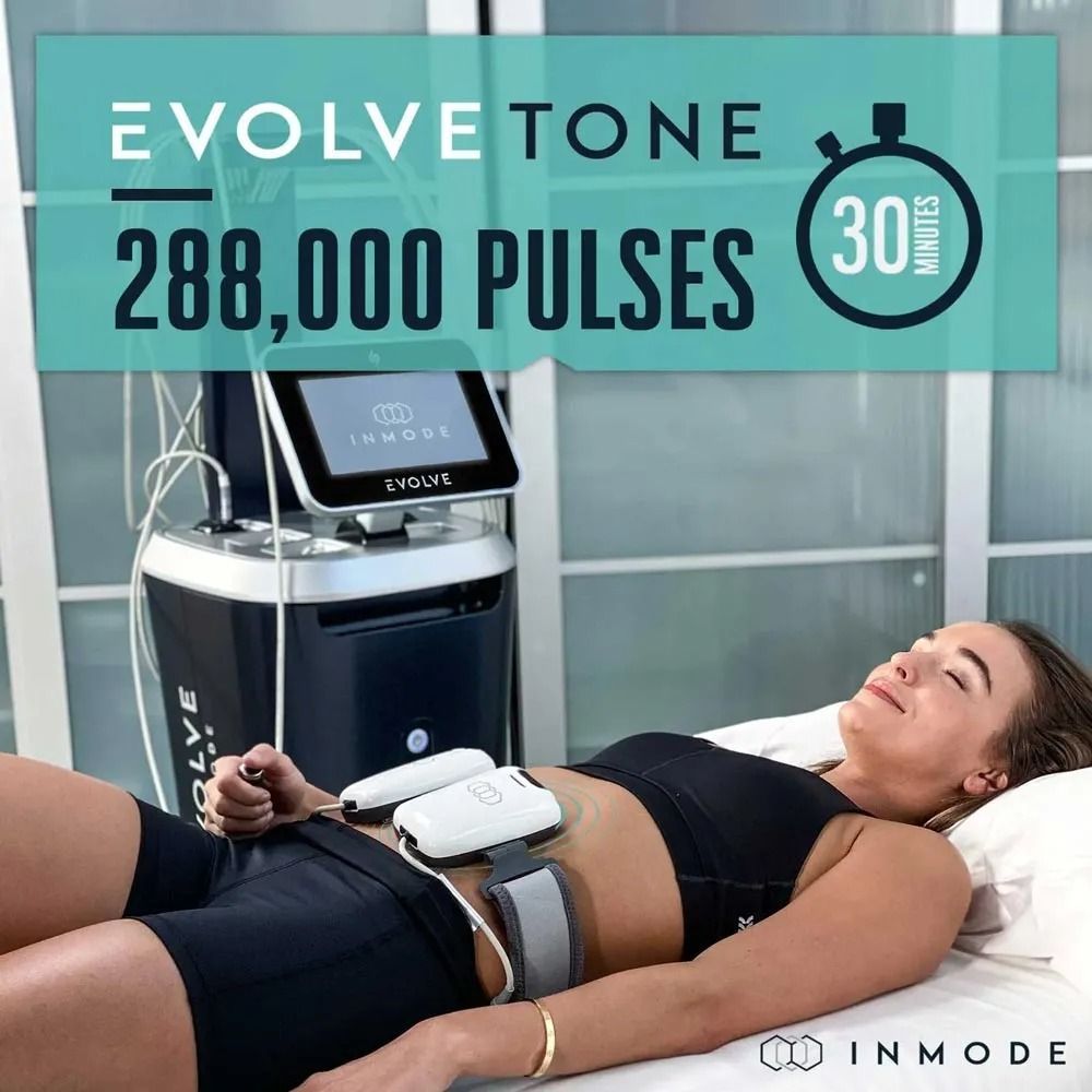 Woman lying on a treatment bed beside an Evolve Tone machine with “288,000 pulses” and “30 min” text.