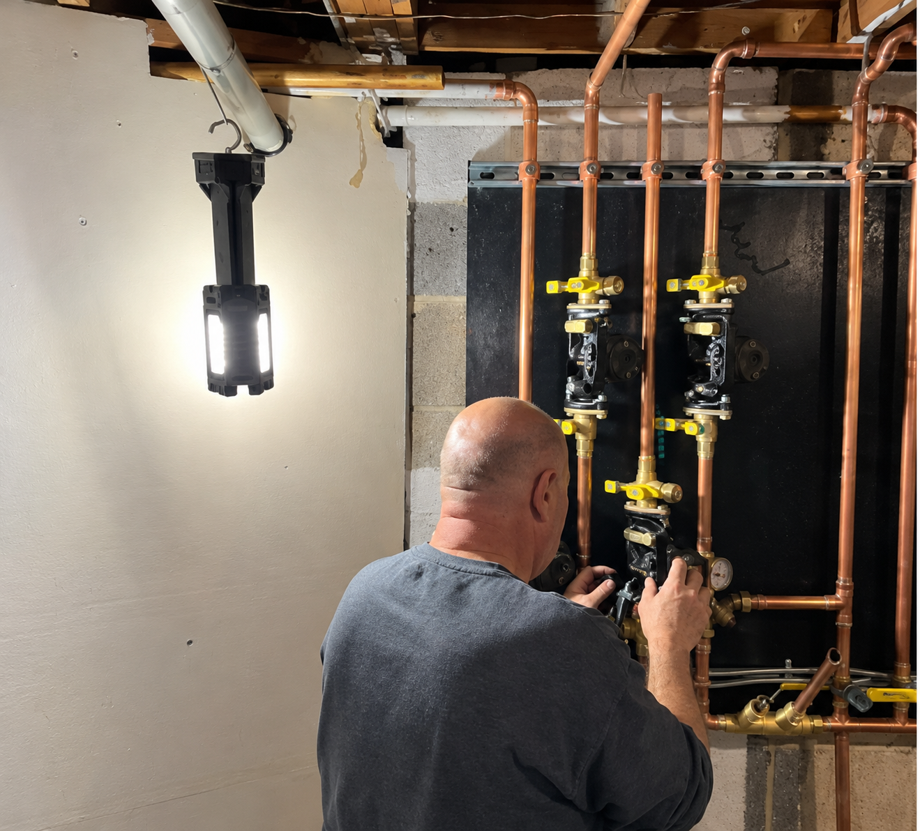 Plumber inspecting a drain line with professional equipment