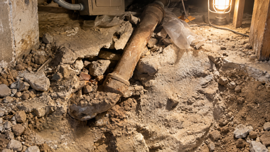 Broken pipes in a dirt crawlspace, with muddy debris and a lit work lamp.