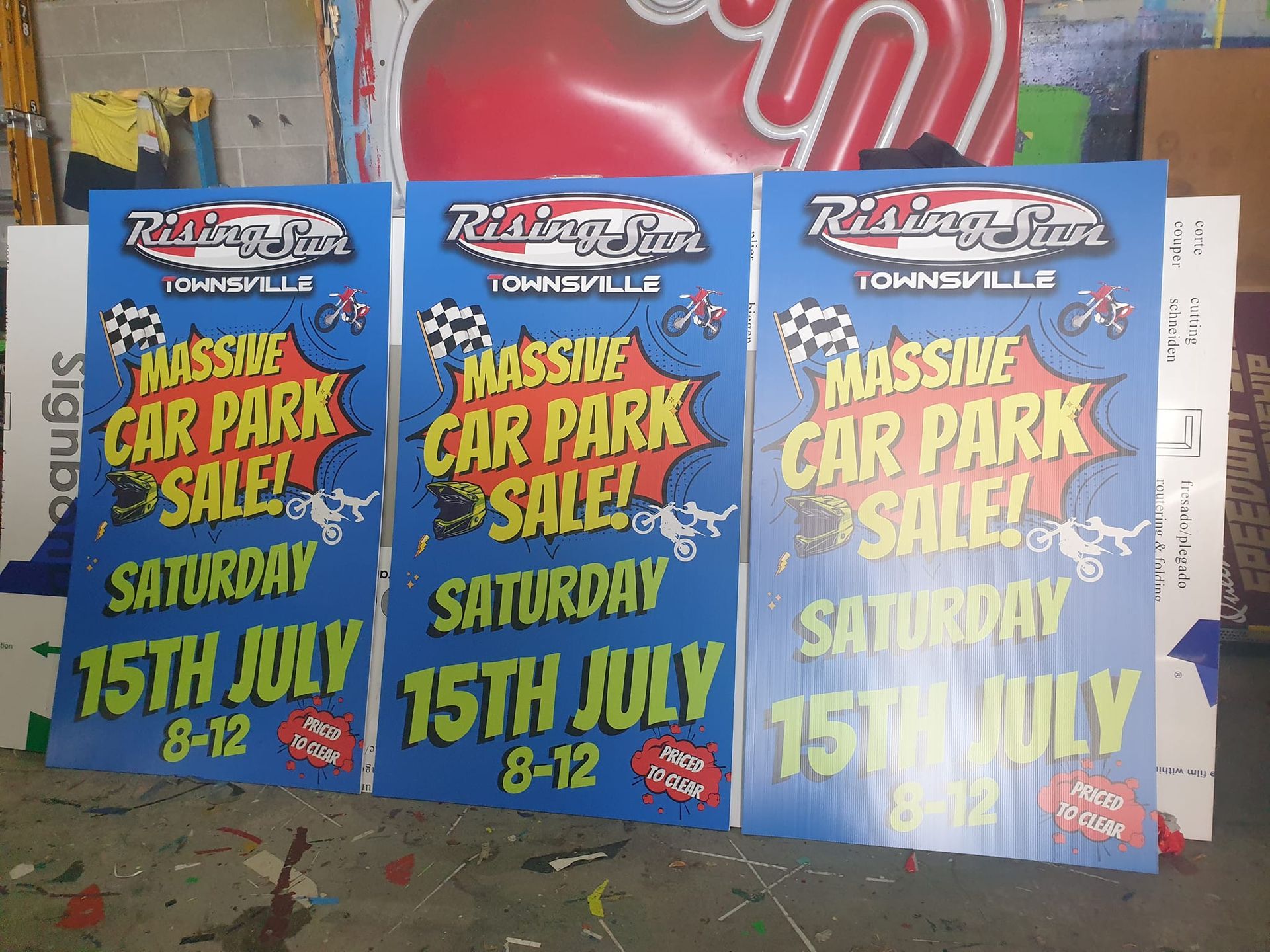 Three blue posters: 