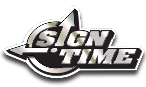 Sign Time logo: silver text on a black background, inside a silver arrow and circle.