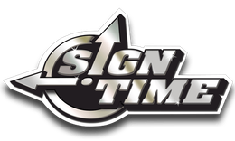 Sign Time logo: silver text on a black background, inside a silver arrow and circle.