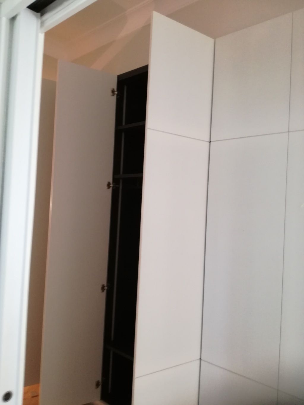Aprendo la porta bianca di un armadio, si scopre una scaffalatura scura a muro all'interno di un corridoio.