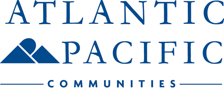 Atlantic Pacific Communities logo in blue with mountain icon on white background