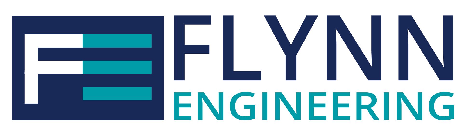 Flynn Engineering logo with dark blue and teal text and stylized F icon