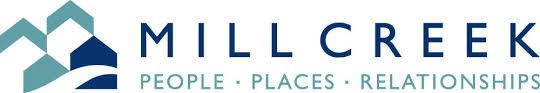 Mill Creek logo with blue geometric roof icon and tagline “People. Places. Relationships.”