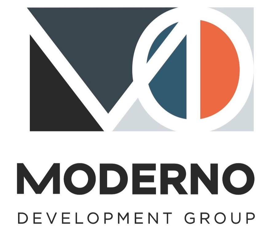 MODERNO Development Group logo with black, gray, blue, and orange geometric design