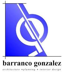 Barranco Gonzalez logo: blue and white geometric design with architectural planning and interior design text