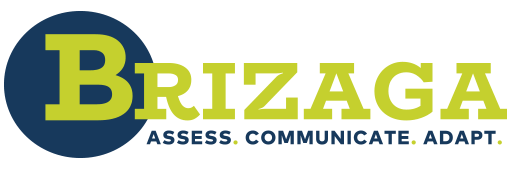 BRIZAGA logo with navy and green text and the tagline “ASSESS. COMMUNICATE. ADAPT.”